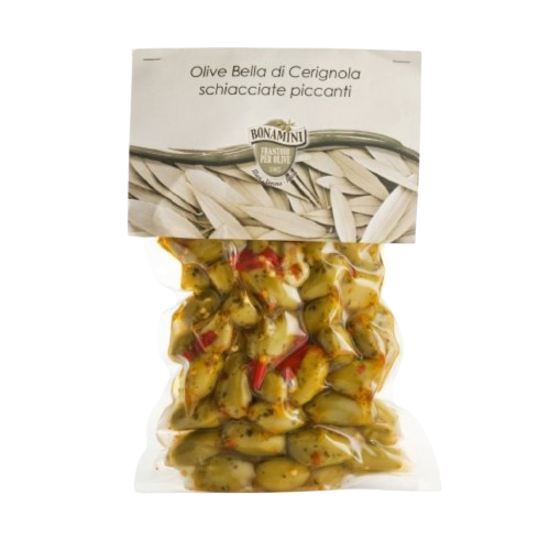 Olive Bella di Cerignola schiacciate piccanti